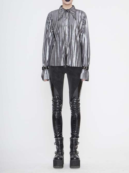 Silver Bright Pleated Pointed Collar Leather Loops Metal Buckles Cuff Punk Shirt