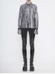 Silver Bright Pleated Pointed Collar Leather Loops Metal Buckles Cuff Punk Shirt