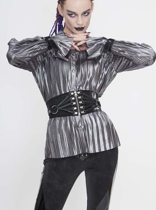 Silver Bright Pleated Pointed Collar Leather Loops Metal Buckles Cuff Punk Shirt