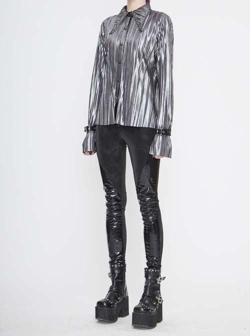 Silver Bright Pleated Pointed Collar Leather Loops Metal Buckles Cuff Punk Shirt