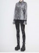 Silver Bright Pleated Pointed Collar Leather Loops Metal Buckles Cuff Punk Shirt