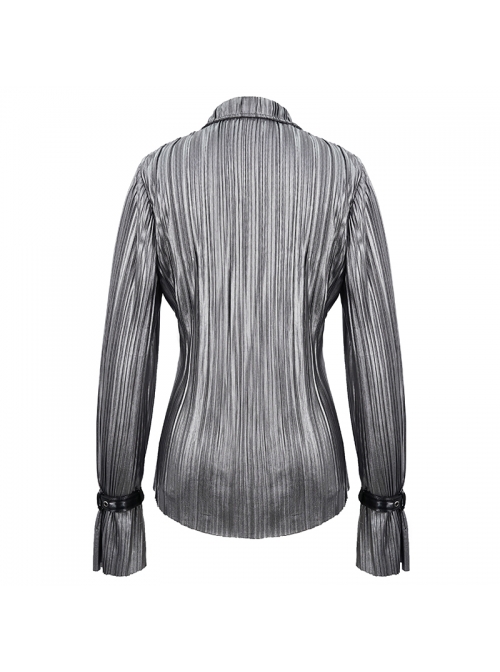 Silver Bright Pleated Pointed Collar Leather Loops Metal Buckles Cuff Punk Shirt