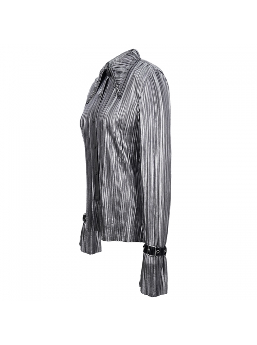 Silver Bright Pleated Pointed Collar Leather Loops Metal Buckles Cuff Punk Shirt