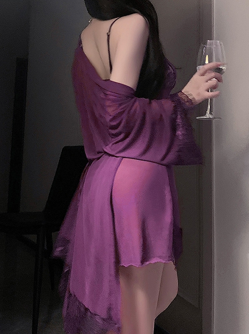 See-Through Lace Embellished Tulle Deep V Exposed Chest Suspender Nightdress Waisted Half Sleeves Night-Robe Sexy Lingerie Set