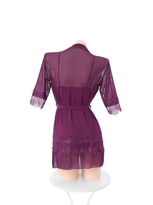 See-Through Lace Embellished Tulle Deep V Exposed Chest Suspender Nightdress Waisted Half Sleeves Night-Robe Sexy Lingerie Set