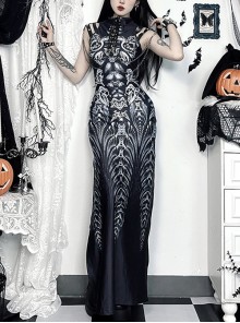 Black Exaggerated Waistband Printed Pattern Fabric Eyelet Ties On The Chest Leather Straps On The Shoulders Gothic Style Sleeveless Dress