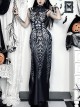 Black Exaggerated Waistband Printed Pattern Fabric Eyelet Ties On The Chest Leather Straps On The Shoulders Gothic Style Sleeveless Dress
