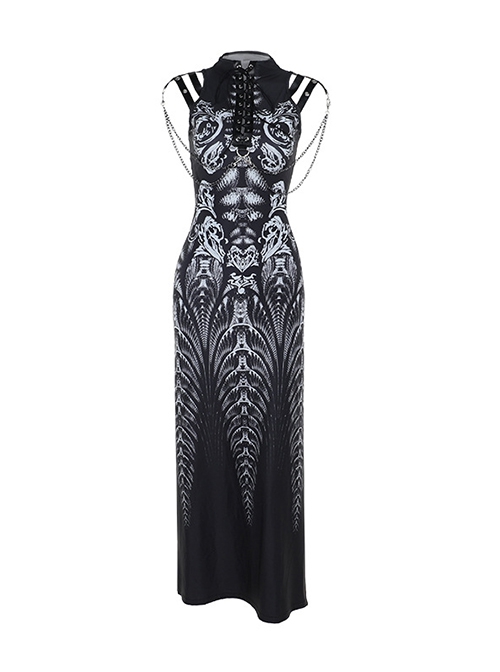 Black Exaggerated Waistband Printed Pattern Fabric Eyelet Ties On The Chest Leather Straps On The Shoulders Gothic Style Sleeveless Dress