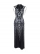Black Exaggerated Waistband Printed Pattern Fabric Eyelet Ties On The Chest Leather Straps On The Shoulders Gothic Style Sleeveless Dress