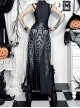 Black Exaggerated Waistband Printed Pattern Fabric Eyelet Ties On The Chest Leather Straps On The Shoulders Gothic Style Sleeveless Dress