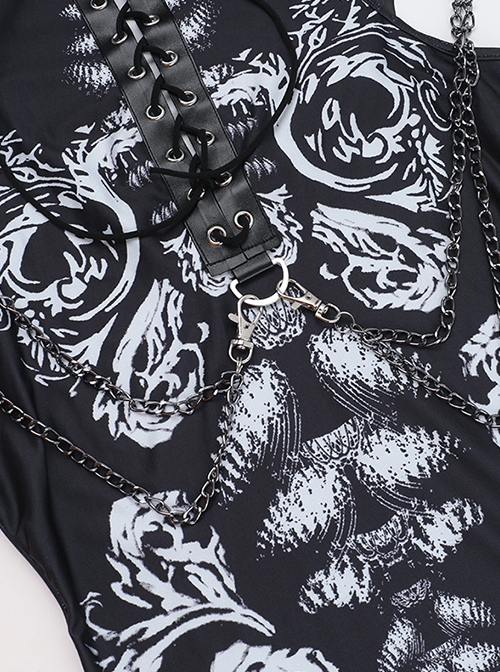 Black Exaggerated Waistband Printed Pattern Fabric Eyelet Ties On The Chest Leather Straps On The Shoulders Gothic Style Sleeveless Dress