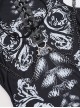 Black Exaggerated Waistband Printed Pattern Fabric Eyelet Ties On The Chest Leather Straps On The Shoulders Gothic Style Sleeveless Dress