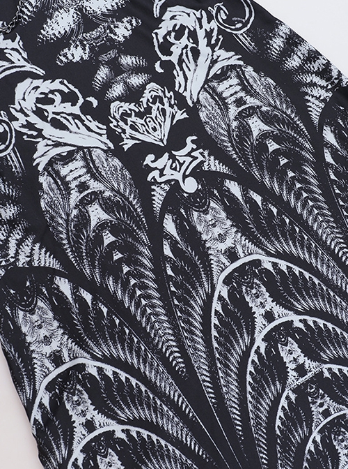 Black Exaggerated Waistband Printed Pattern Fabric Eyelet Ties On The Chest Leather Straps On The Shoulders Gothic Style Sleeveless Dress