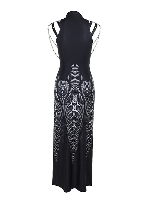 Black Exaggerated Waistband Printed Pattern Fabric Eyelet Ties On The Chest Leather Straps On The Shoulders Gothic Style Sleeveless Dress