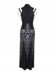 Black Exaggerated Waistband Printed Pattern Fabric Eyelet Ties On The Chest Leather Straps On The Shoulders Gothic Style Sleeveless Dress