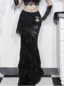 Temperament Black Embossed Flocking Fabric Asymmetrical Ruffle Stitching Decoration Gothic Style Slim Skirt