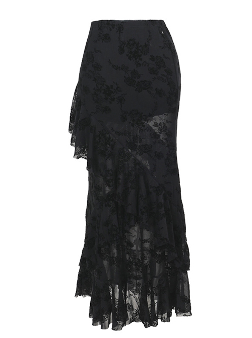 Temperament Black Embossed Flocking Fabric Asymmetrical Ruffle Stitching Decoration Gothic Style Slim Skirt