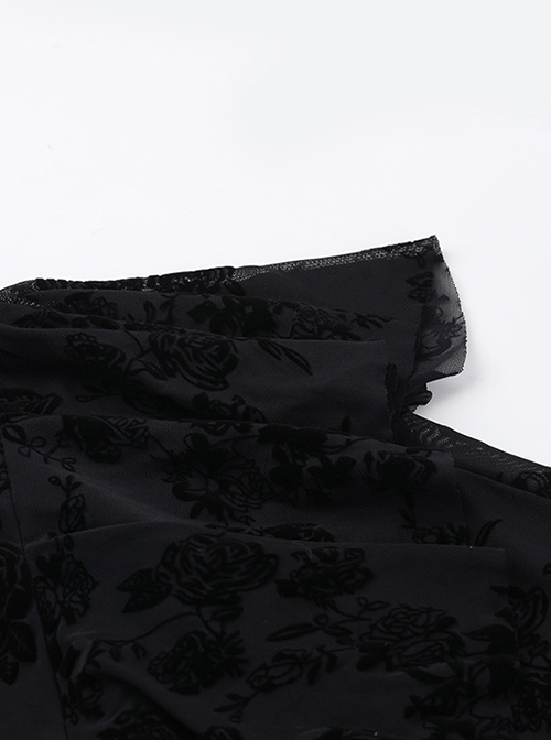 Temperament Black Embossed Flocking Fabric Asymmetrical Ruffle Stitching Decoration Gothic Style Slim Skirt