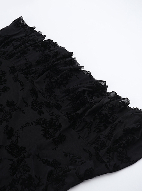 Temperament Black Embossed Flocking Fabric Asymmetrical Ruffle Stitching Decoration Gothic Style Slim Skirt