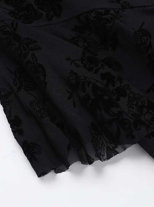 Temperament Black Embossed Flocking Fabric Asymmetrical Ruffle Stitching Decoration Gothic Style Slim Skirt