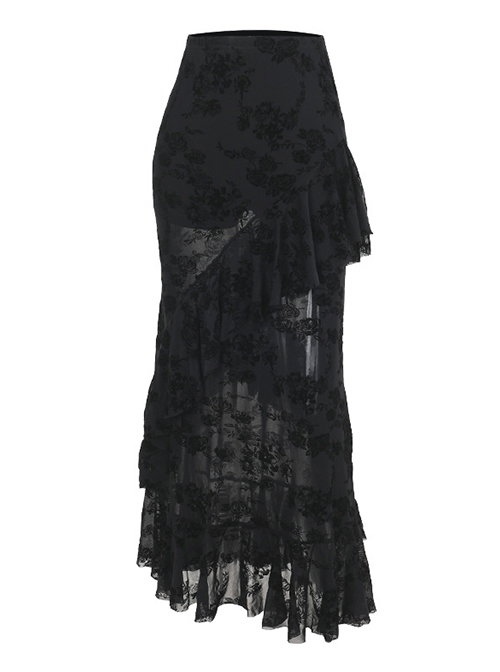 Temperament Black Embossed Flocking Fabric Asymmetrical Ruffle Stitching Decoration Gothic Style Slim Skirt