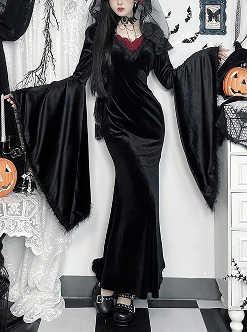 Black Elegant Velvet Chest Embroidery Raw Edge V-Neck Back Sexy Hollow Design Gothic Style Long Sleeve Slim Dress