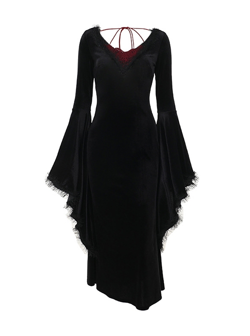 Black Elegant Velvet Chest Embroidery Raw Edge V-Neck Back Sexy Hollow Design Gothic Style Long Sleeve Slim Dress