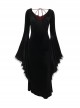 Black Elegant Velvet Chest Embroidery Raw Edge V-Neck Back Sexy Hollow Design Gothic Style Long Sleeve Slim Dress