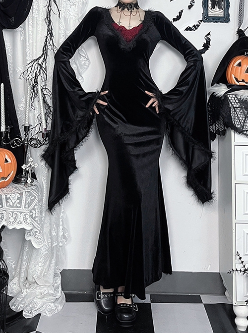 Black Elegant Velvet Chest Embroidery Raw Edge V-Neck Back Sexy Hollow Design Gothic Style Long Sleeve Slim Dress
