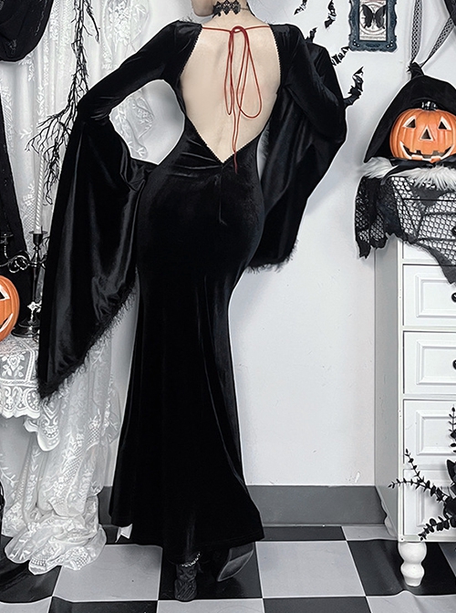 Black Elegant Velvet Chest Embroidery Raw Edge V-Neck Back Sexy Hollow Design Gothic Style Long Sleeve Slim Dress