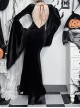 Black Elegant Velvet Chest Embroidery Raw Edge V-Neck Back Sexy Hollow Design Gothic Style Long Sleeve Slim Dress