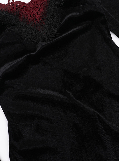 Black Elegant Velvet Chest Embroidery Raw Edge V-Neck Back Sexy Hollow Design Gothic Style Long Sleeve Slim Dress
