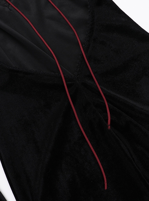 Black Elegant Velvet Chest Embroidery Raw Edge V-Neck Back Sexy Hollow Design Gothic Style Long Sleeve Slim Dress