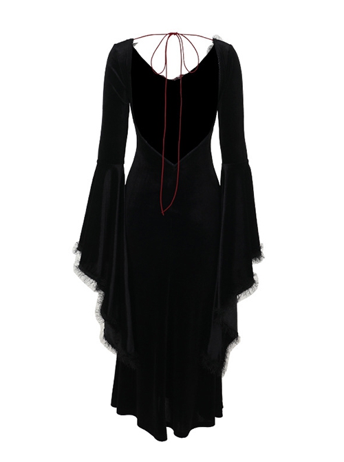Black Elegant Velvet Chest Embroidery Raw Edge V-Neck Back Sexy Hollow Design Gothic Style Long Sleeve Slim Dress