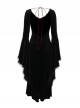 Black Elegant Velvet Chest Embroidery Raw Edge V-Neck Back Sexy Hollow Design Gothic Style Long Sleeve Slim Dress