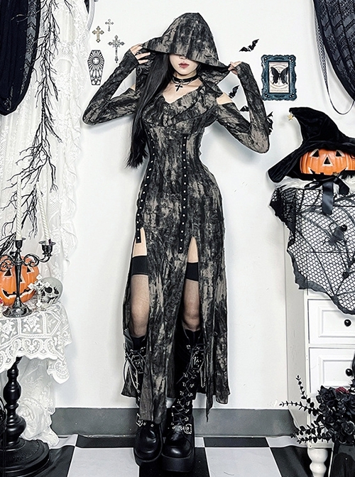 Doomsday Wasteland Hooded Slit Dark Brown Tie Dye Pattern Double Row Of Rivets Design Punk Style Long Sleeve Dress