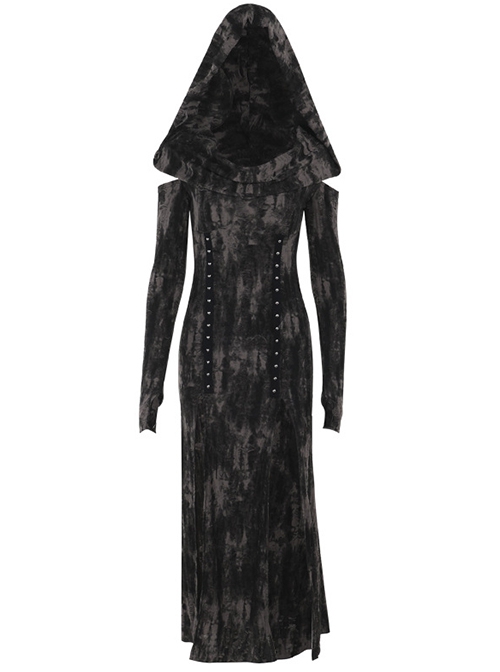Doomsday Wasteland Hooded Slit Dark Brown Tie Dye Pattern Double Row Of Rivets Design Punk Style Long Sleeve Dress