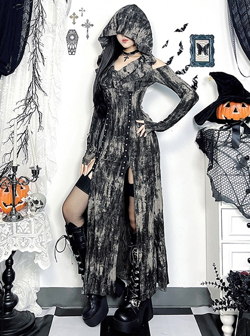 Doomsday Wasteland Hooded Slit Dark Brown Tie Dye Pattern Double Row Of Rivets Design Punk Style Long Sleeve Dress