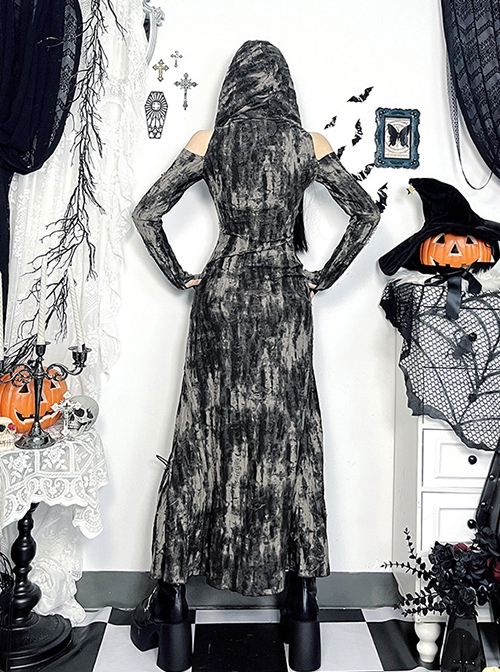 Doomsday Wasteland Hooded Slit Dark Brown Tie Dye Pattern Double Row Of Rivets Design Punk Style Long Sleeve Dress