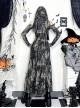 Doomsday Wasteland Hooded Slit Dark Brown Tie Dye Pattern Double Row Of Rivets Design Punk Style Long Sleeve Dress