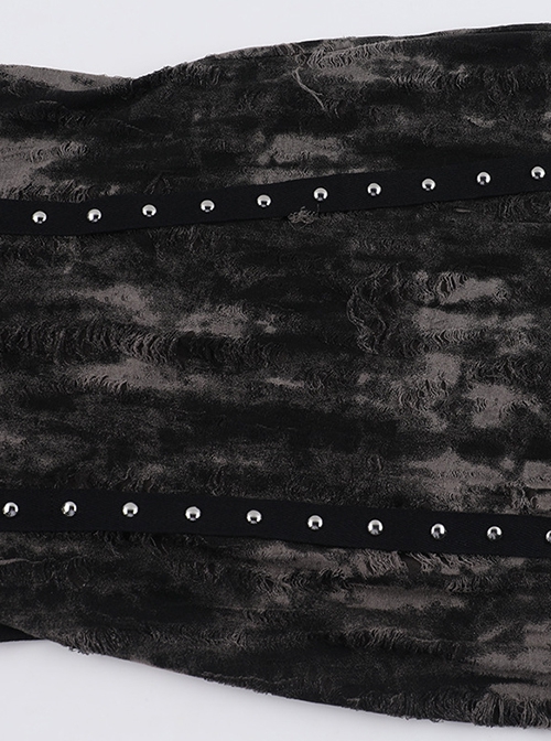 Doomsday Wasteland Hooded Slit Dark Brown Tie Dye Pattern Double Row Of Rivets Design Punk Style Long Sleeve Dress
