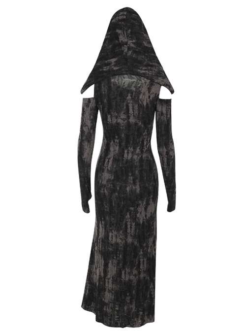 Doomsday Wasteland Hooded Slit Dark Brown Tie Dye Pattern Double Row Of Rivets Design Punk Style Long Sleeve Dress