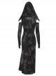Doomsday Wasteland Hooded Slit Dark Brown Tie Dye Pattern Double Row Of Rivets Design Punk Style Long Sleeve Dress