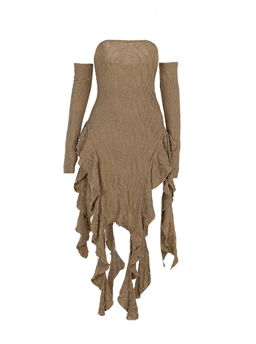 Khaki Sexy Slim Vertical Stripes Pattern With Irregular Hem Punk Style Three Quarter Sleeve Dress
