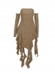 Khaki Sexy Slim Vertical Stripes Pattern With Irregular Hem Punk Style Three Quarter Sleeve Dress
