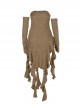 Khaki Sexy Slim Vertical Stripes Pattern With Irregular Hem Punk Style Three Quarter Sleeve Dress