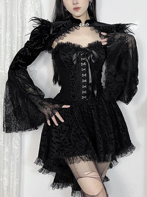 Sexy Black Lace Long Sleeves Spliced ​​Velvet Printed Fabric Shoulder Feather Decoration Gothic Style Blouse Top