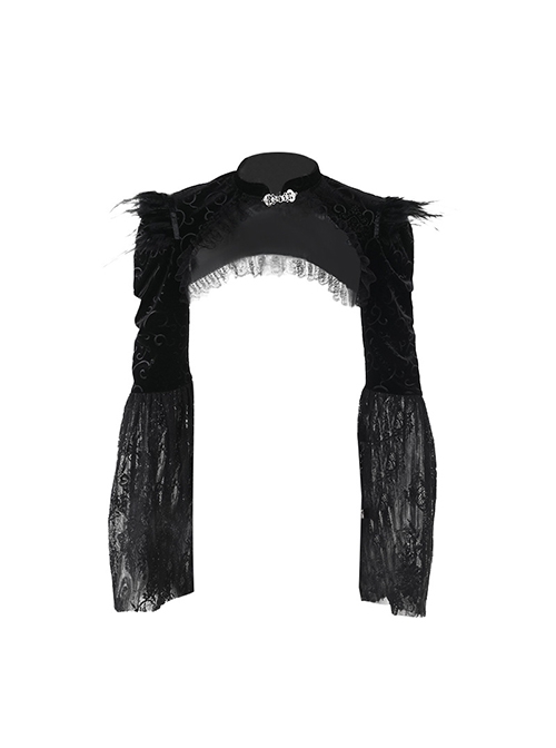 Sexy Black Lace Long Sleeves Spliced ​​Velvet Printed Fabric Shoulder Feather Decoration Gothic Style Blouse Top
