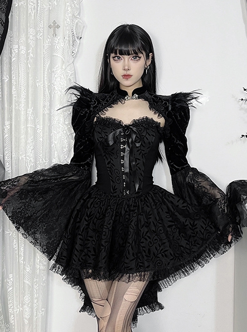 Sexy Black Lace Long Sleeves Spliced ​​Velvet Printed Fabric Shoulder Feather Decoration Gothic Style Blouse Top