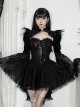 Sexy Black Lace Long Sleeves Spliced ​​Velvet Printed Fabric Shoulder Feather Decoration Gothic Style Blouse Top